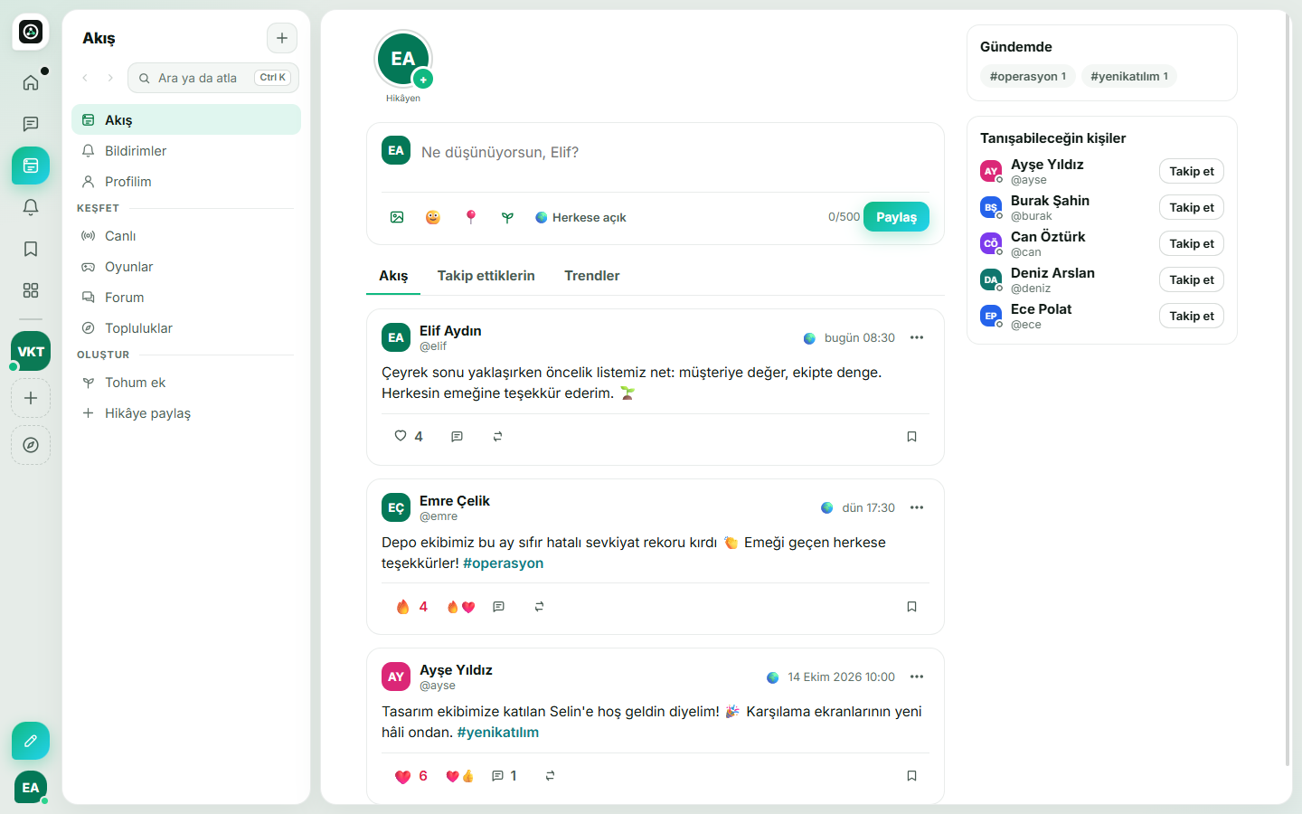 Biom business. Akış: şirket içi gönderiler ve hikâyeler