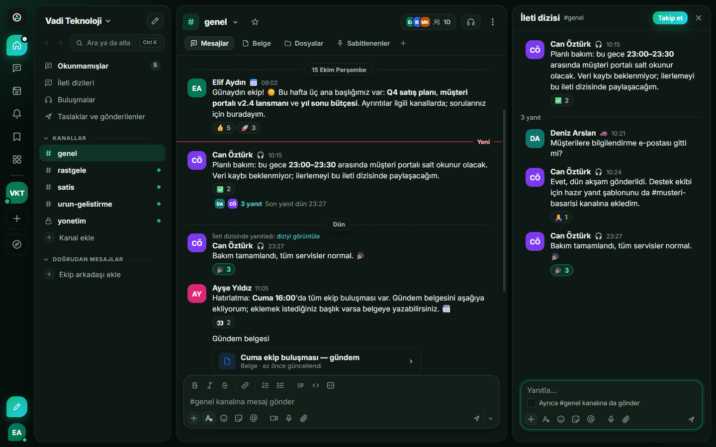 Biom business. Ekip alanı: kanal listesi, mesaj akışı ve açık bir ileti dizisi